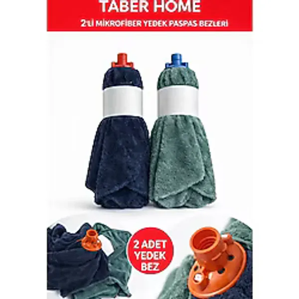 Taber Home 2'li Mikrofiber Yedek Paspas Bezi Vidalı Mop Başlığı Seti - Yüksek Emici Temizlik Bezi