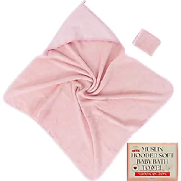 tagopia Müslin Başlıklı Bebek Havlusu Kız %100 Pamuk Pembe 75x80cm Banyo Eldiveni Hediyeli