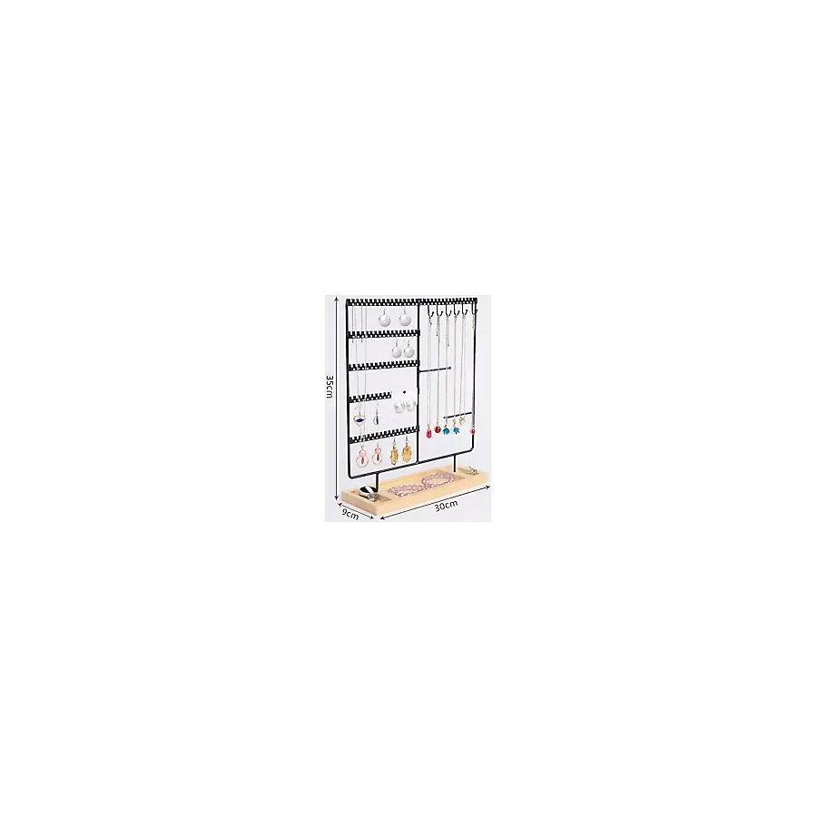 Takı Organizeri, Takı Standı Metal Stand ve Ahşap Taban, 35X30X9.5 Cm, Küpe Kolye Yüzük Düzenleyici, Siyah