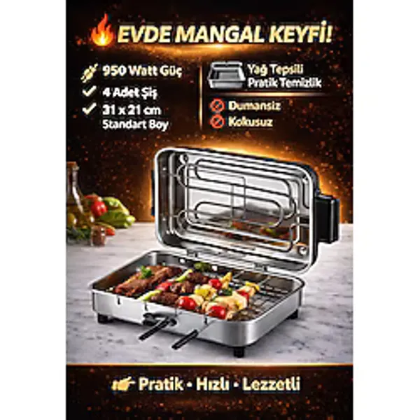TANER Standart Boy Elektrikli Izgara Mangal Barbekü 31x21 cm - 950 W Tnrz1700