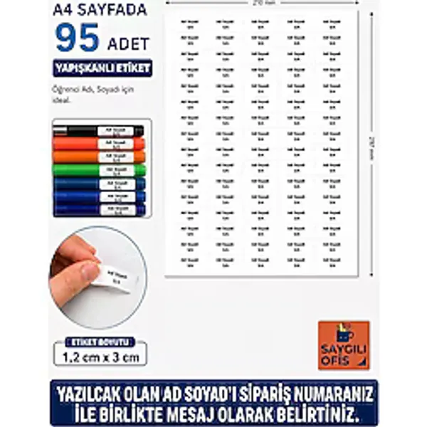Tanex Saygılıofis Isimli Okul Etiketi A4 95 Adet Beyaz Küçük Yapışkanlı ( Sipariş Numaranız ile Isim Belirtin )