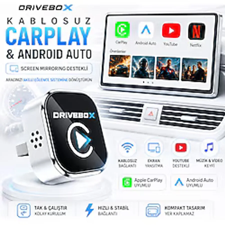 TARÇIN Kablosuz CarPlay Android Auto Adaptörü Ekran Yansıtma Screen Mirroring YouTube Destekli USB Tak Çalıştır