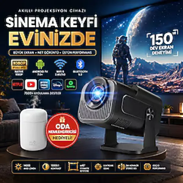 TARÇIN Taşınabilir 4K Destekli Full HD Projektör Oda Nemlendiricisi Hediyeli - 270° Döner Gövde