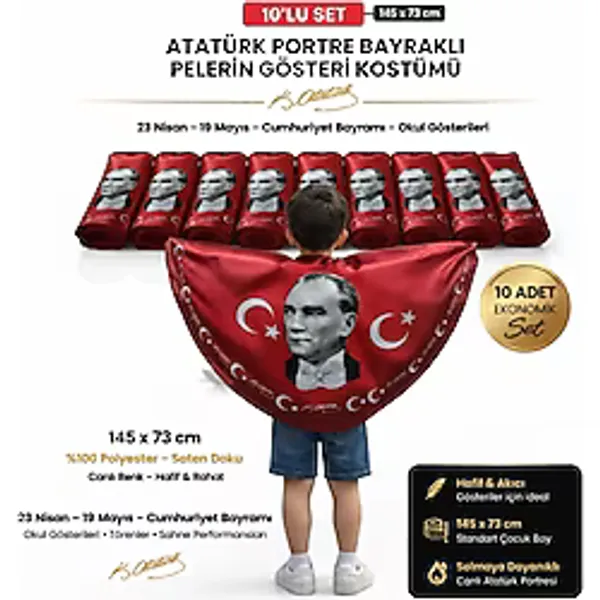 Tarzını Seç 10Lu Set Atatürk Portreleri Bayraklı Pelerin Gösteri Kostümü 145X73Cm