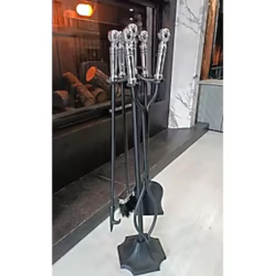 Taş Devri Şömine - 5'li Lüks Bronz Topuz Başlıklı Şömine Ve Soba Maşa Aksesuar Seti