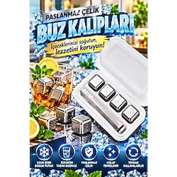 Tasarım Evi 4 Adet Paslanmaz Çelik Buz Kalıbı Viski Soğutma Taşı Maşalı Yeniden Kullanılabilir Buz Viski Taşı - Gümüş