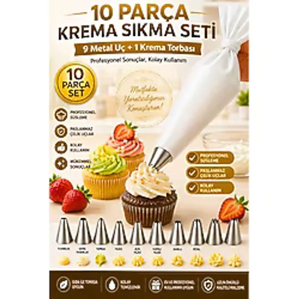 Tasarım Evi Krema Sıkma Torbası Seti 10 Parça Pasta Krema Kek Süsleme Torbası Paslanmaz Çelik Uçlu - Çok Renkli