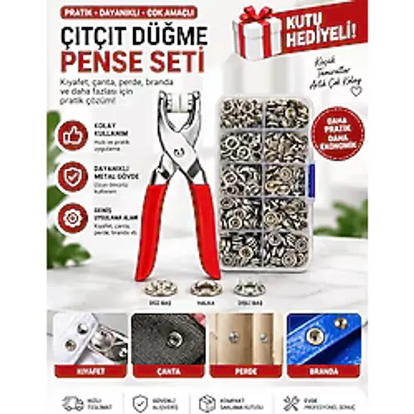 Tasarım Evi Paslanmaz Çelik Çıtçıt ve Pense Seti Metal Çıt Çıt Makinesi Kırmızı Renkli Dayanıklı Malzeme Türkiye Menşeli