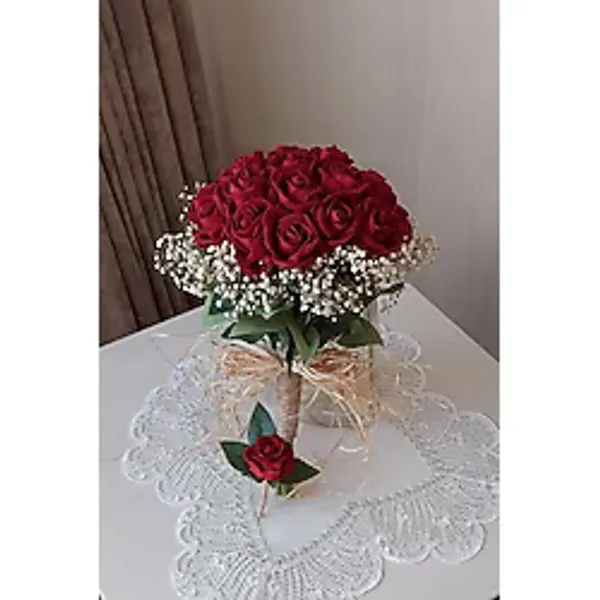 Tasarımname Architecture & Design Yeni Sezon Gelin Çiçeği Ve Damat Yaka Çiçeği! Kadife Kırmızı Gül Demeti! Nişan Düğün Buketi - Yapay