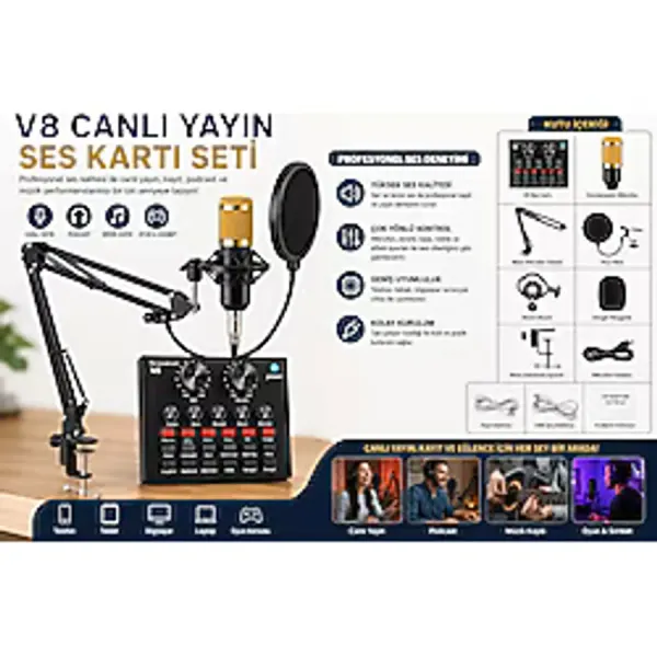 Tastech BM-800 + V8 ses kartı kiti Podcast ekipman paket ses ağı Profesyonel Studyo Mikrofonu Karaoke diyafram kondenser mikrofon Karaoke kiti