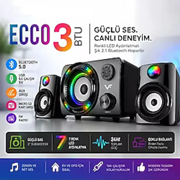 Tastech ECCO3 2.1 Kanal Speaker Rgb Led Işıklı Hafıza Kartı ve Usb Girişli Fm Radyolu Bluetooth Hoparlör PC Tv Laptop