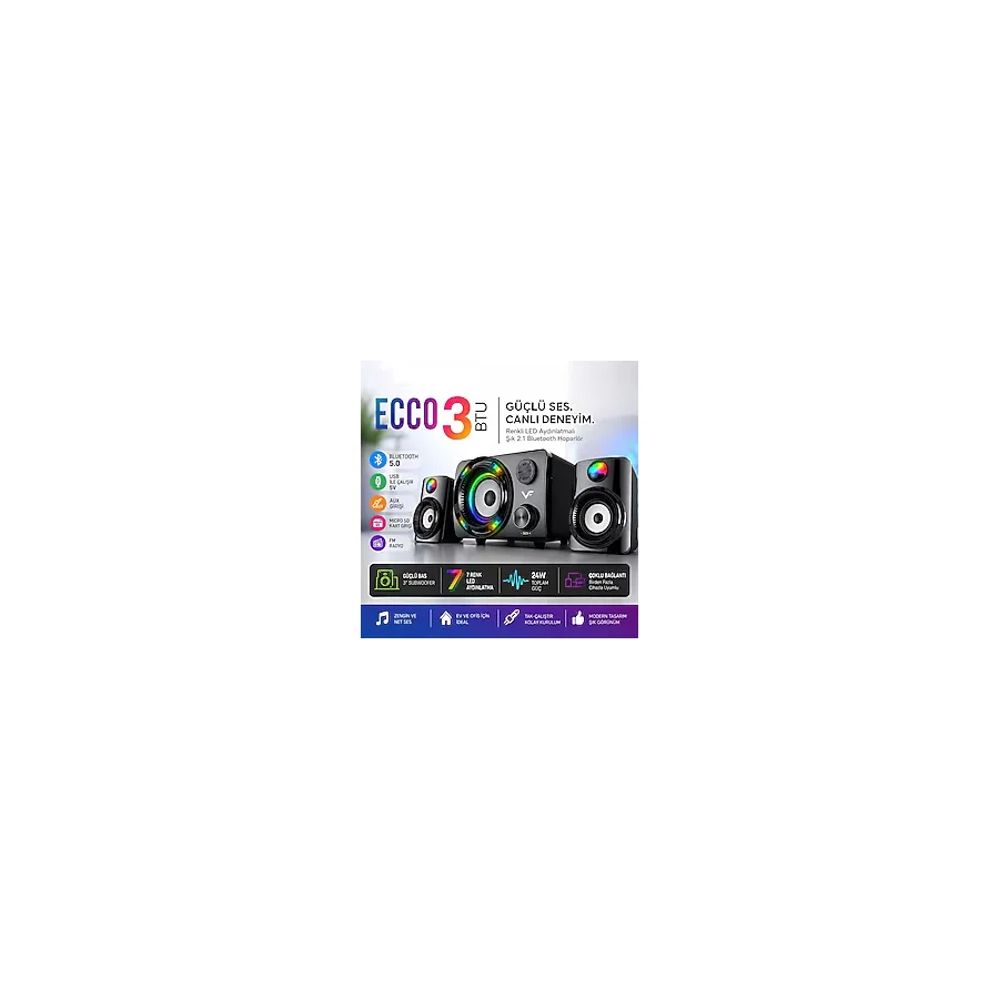 Tastech ECCO3 BTU 2.1 Kanal Speaker Rgb Led Işıklı Hafıza Kartı ve Usb Girişli Fm Radyolu Bluetooth Hoparlör PC Tv Laptop Bilgisayar Uyumlu