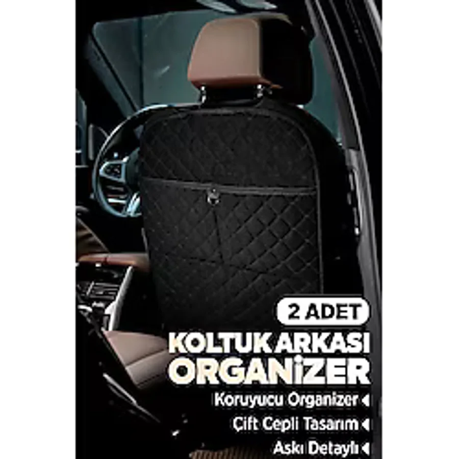 Tay Tüyü Kapitone Oto Koltuk Arkası Koruyucu Organizer - Araç İçi Organizeri Siyah 2 Adet