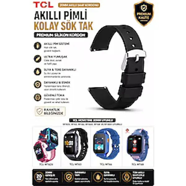 TCL MoveTime Akıllı Saat Kordonu MT46X Uyumlu Düz Siyah Silikon Akıllı Pimli Çocuk Akıllı Saat Kordonu Yumuşak Kauçuk Kol Bandı - Astakos Seri