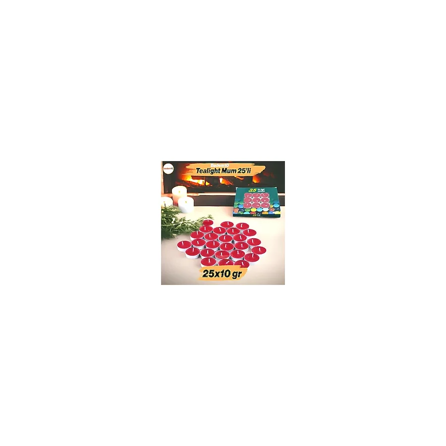 Tealight Mum 25x10 Gr Dekoratif Mumu Kandil Hediyelik Fitilli Mumluk Şamdan Kırmızı Renk Kokusuz Kırmızı