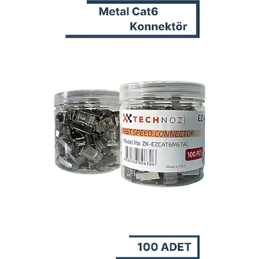 technozi Cat6 Ez Rj45 Konnektör Utp Jack 100 Adet Yeni Nesil Metal (DELİKLİ, AÇIK UÇLU)