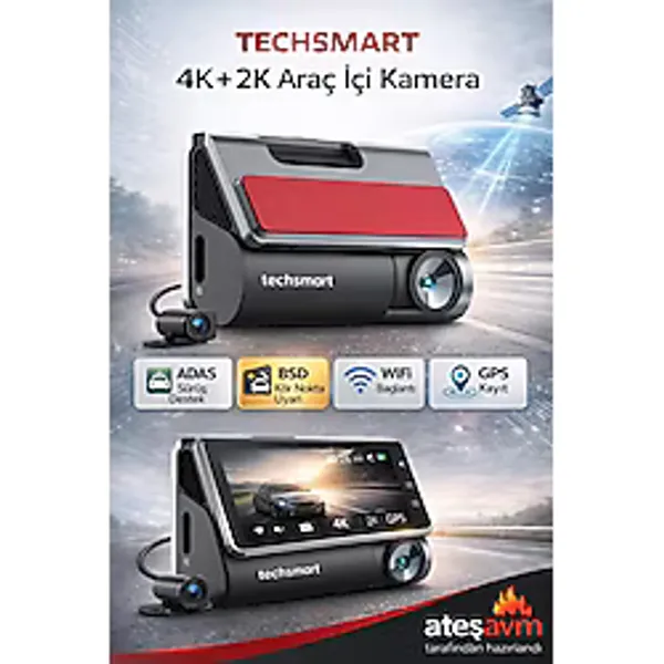 Techsmart 2 Kanal 4K + 2K Araç İçi Kamera Adas Bsd Wifi Gps Gece Görüşlü Dashcam