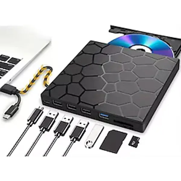 TechTic 8'si 1 Arada Harici CD DVD Yazıcı USB 3.0 Type-C - Çoklu USB Hub, SD/TF Kart Okuyucu, Taşınabilir Optik Sürücü