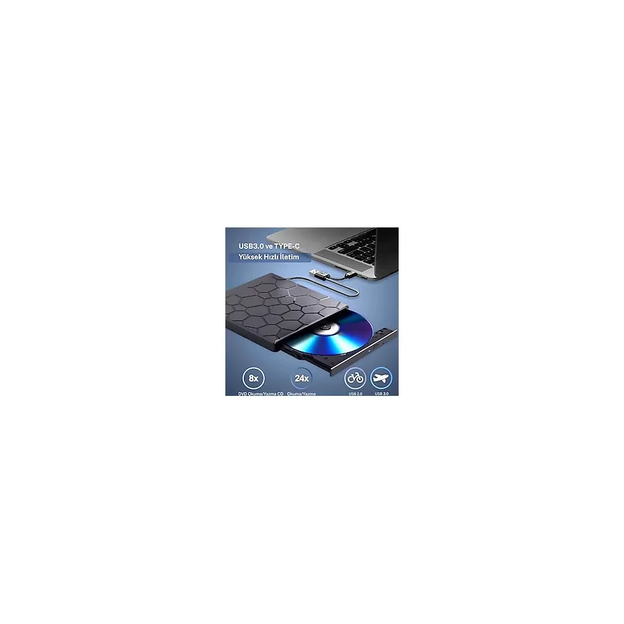 Techtic 8İn1 Harici Cd Dvd Yazıcı Usb 3.0 Çoklu Usb Kart Okuyucu Taşınabilir Optik Sürücü