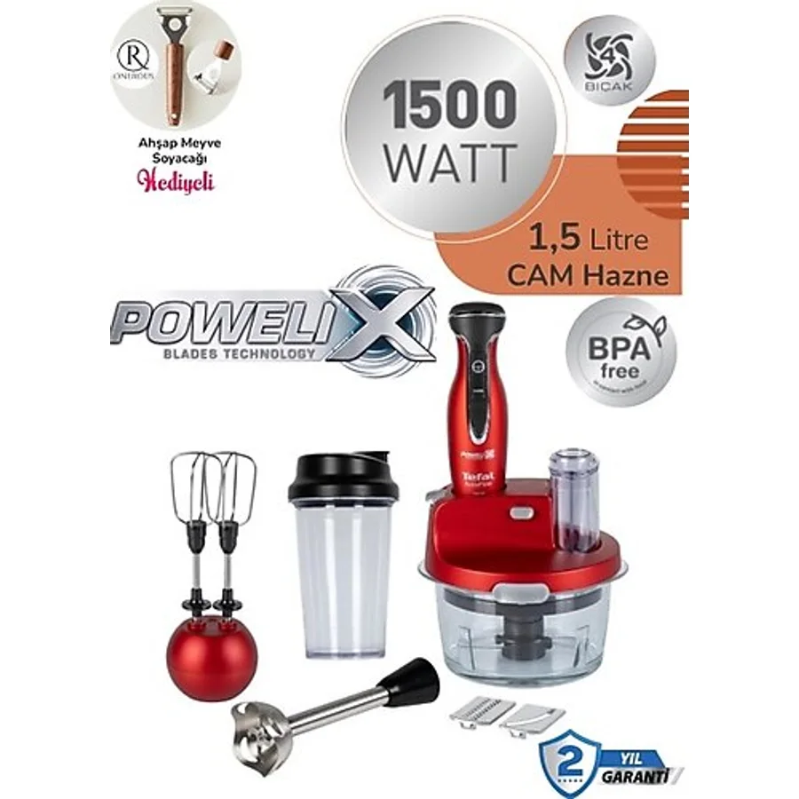 Tefal Dilimleyici ve Rende 4 Bıçaklı Powelix 1500W Güç 1,5 Litre Cam Hazneli Mutfak Robotu - Kırmızı