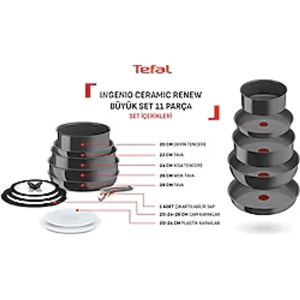 Tefal Ingenio Ceramic Renew Seramik Kaplama Tava 11 Parça Derin Tencere Seti Ergonomik Sap ve Kolay Temizlik Özellikleri