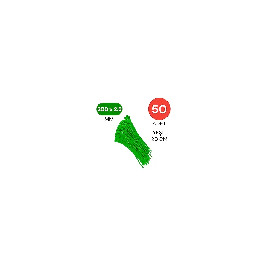 Tek-İş Plastik Kablo Bağı Klipsi Cırt Kelepçe 200 Mm X 2.5 Mm Yeşil 50 Adet