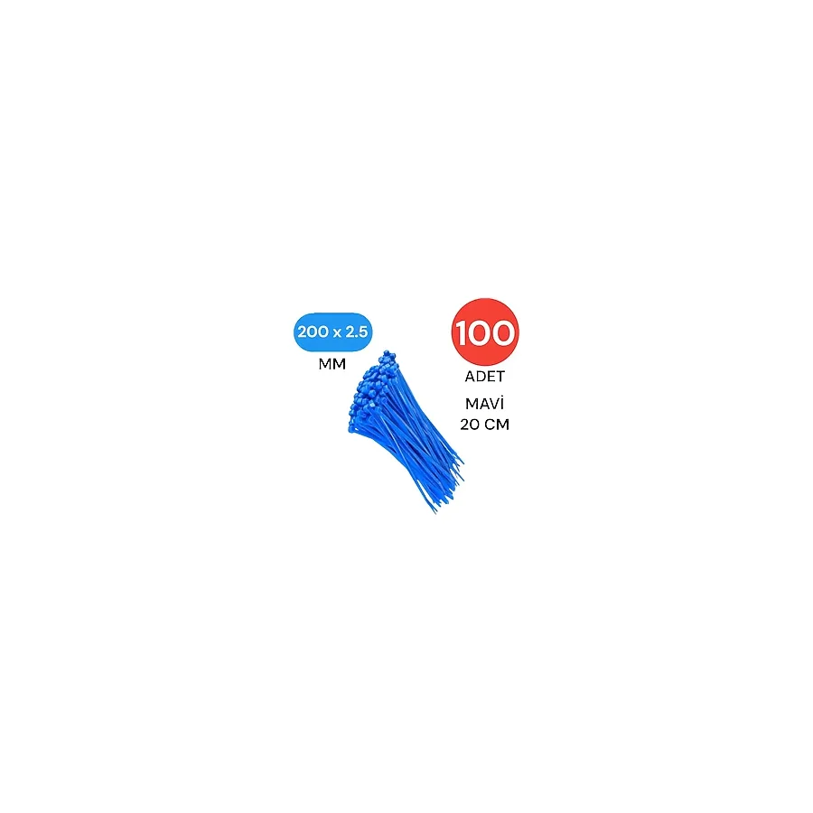 Tek-İş Plastik Kablo Bağı Klipsi Cırt Kelepçe 200 mm X 2.5mm Mavi 100 Adet