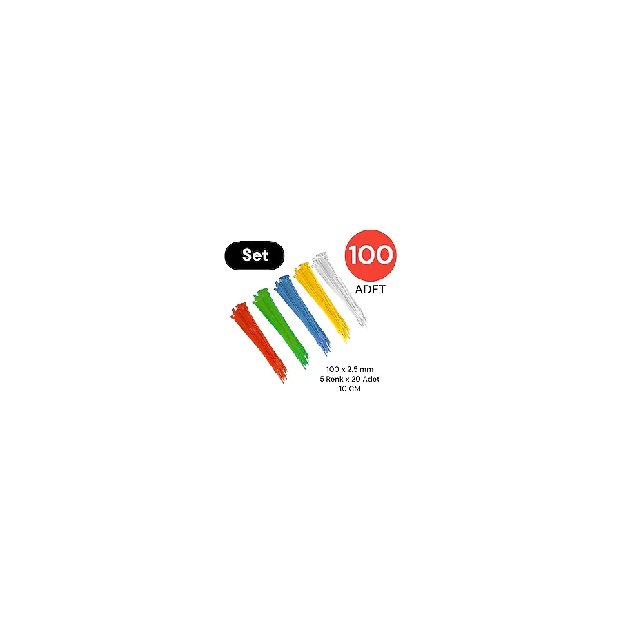 Tek-İş Plastik Kablo Bağı Klipsi Cırt Kelepçe Karışık Renk Set 100 Mm 5 Renk X 20 Toplam 100 Adet