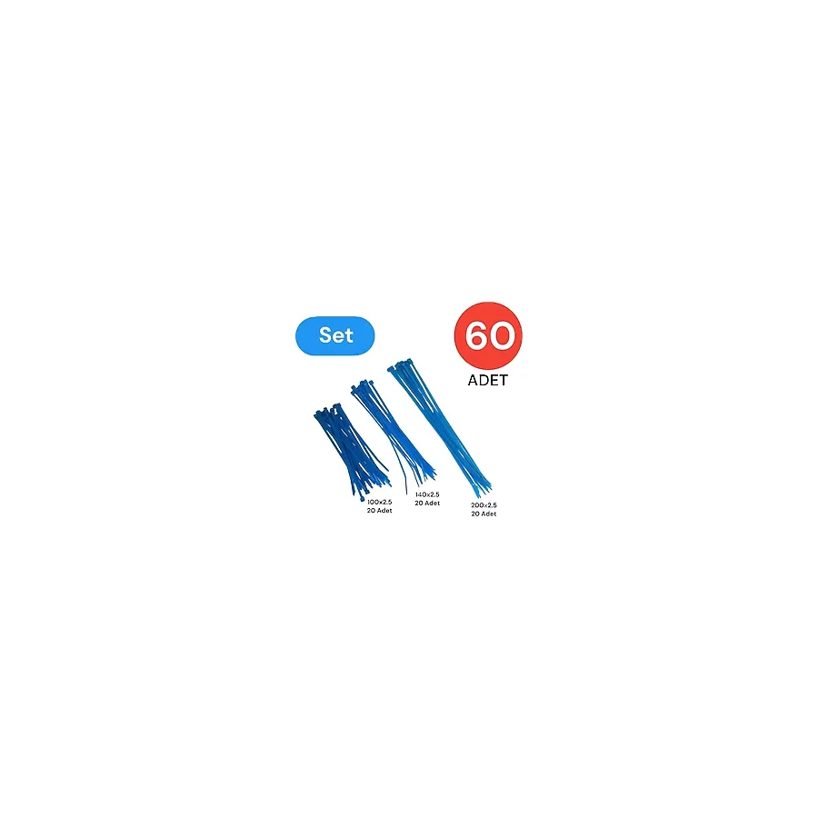 Tek-İş Plastik Kablo Bağı Klipsi Cırt Kelepçe Set 100-150-200 X 2.5 Mm Mavi (20 X 3) 60 Adet