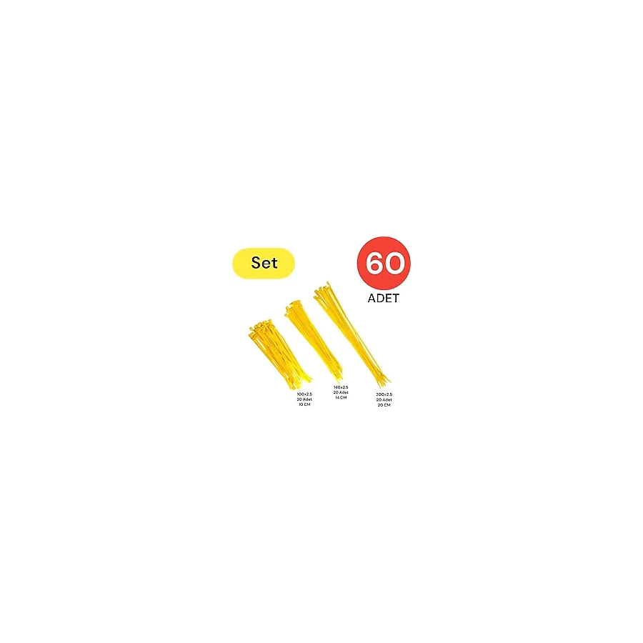 Tek-İş Plastik Kablo Bağı Klipsi Cırt Kelepçe Set 100-150-200 X 2.5 Mm Sarı (20 X 3) 60 Adet