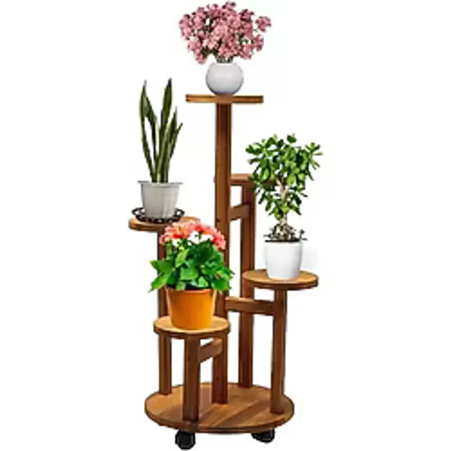 Tekerlekli Çiçeklik 5 Raflı Saksılık Dekoratif 5 Raflı Çiçeklik Doğal Ahşap Saksılık Çiçek Rafı Daire Model