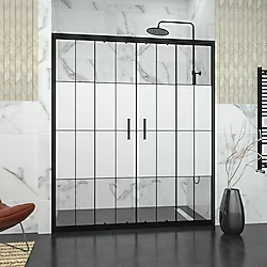 Tekno Duş Black Castor 6mm Yarım Kumlamalı Karolajlı Orta Açılır 2 Sabit 2 Sürgü İki Duvar Arası Duşakabin Şeffaf