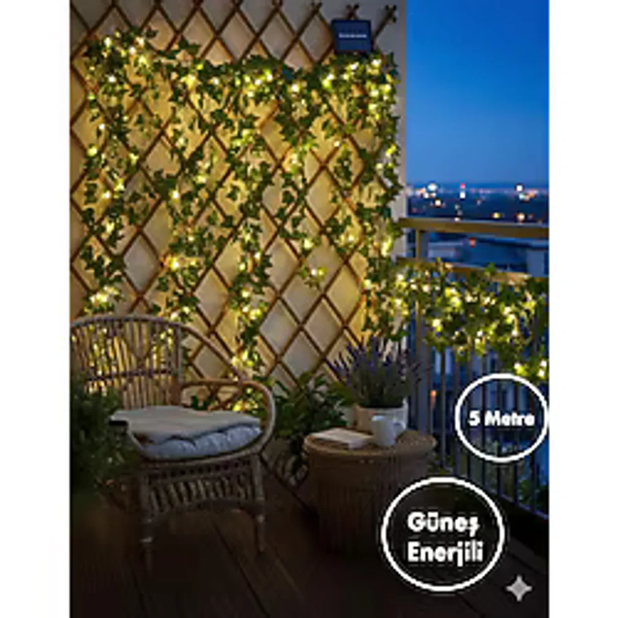 TeknoEser Solar Güneş Enerjili Sarmaşık Yapraklı Led Aydınlatma 5 Metre Dekoratif Bahçe Teras Balkon Işık