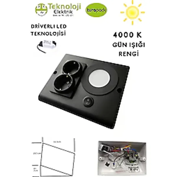 Teknoloji Elektrik Dolap Tezgah Altı 2'Li Priz Ve 3 Watt Anahtarlı Led Spot Aydınlatma (Siyah Kasa) Işık Ve Akıllı Priz