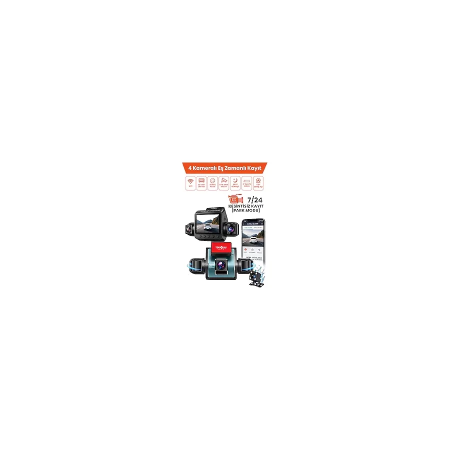 Teknoloji Gelsin 4 Kameralı Araç İçi Kamera Lcd Ekranlı 360° 1080P HD Gece Görüşü, G Sensor, Park, Döngü Kayıt WDR, Uygulama Kontrol