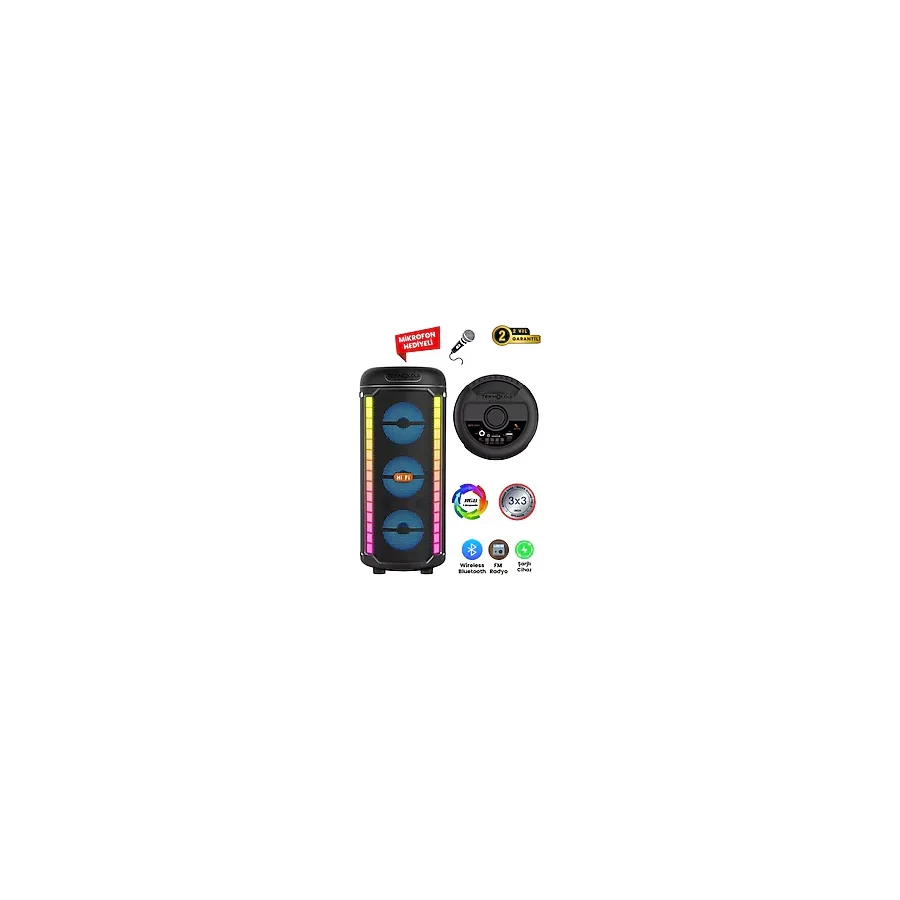 Teknoloji Gelsin Bluetooth Hoparlör 3X3inç 40cm Stereo Effect Rgb Işık Parti Hoparlörü Speaker Karaoke Mikrofon Hediy