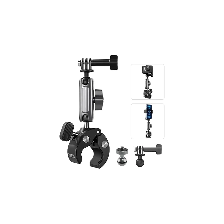 TELESIN Motosiklet Gidonu Bisiklet Montaj Kelepçeleri için GoPro Hero 13 12 11 10 9 DJI OSMO Action 5 Pro 4 3 Insta360,360° Çift Top Başlı Kelepçe Tutucu 1/4-20 mm Kamera ve Telefon için Adaptör