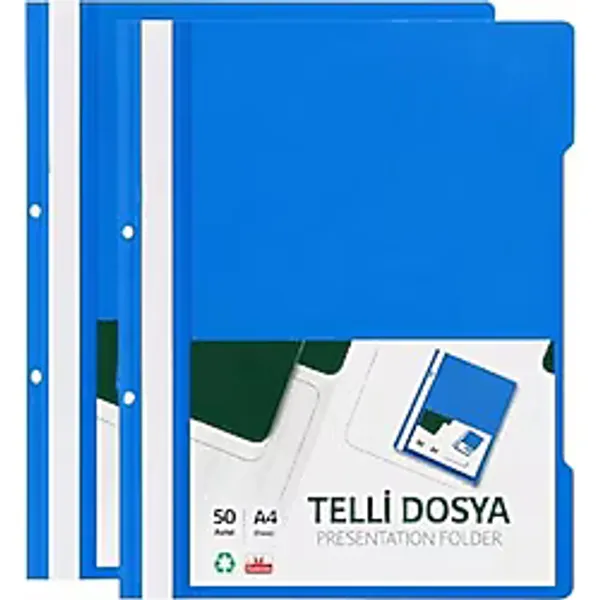 Telli Dosya Mavi A4 - 50'li - 2 Paket Plastik Klasör Delikli