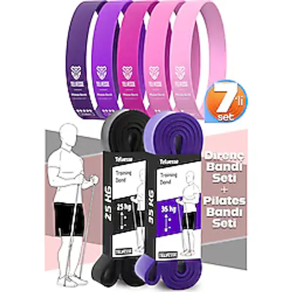 Telvesse 7li MEGA SET 25+35 KG + 5Li Pilates Direnç Bandı Barfiks Lastiği Loop Band Pembe Ton