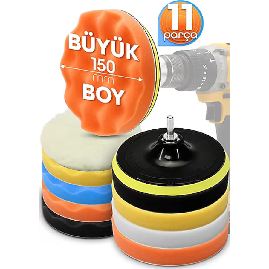 Telvesse Büyük Boy 11 Parça 150mm Pasta Cila Polisaj Süngeri Seti Matkap Uyumlu Pasta Cila Parlatma Pedi Seti
