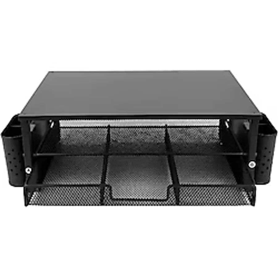 Temel Siyah Ahşap Üst Tablalı Metal Mesh Monitör Yükseltici Stand Çekmeceli Kalemlikli Masaüstü Organizer 9214