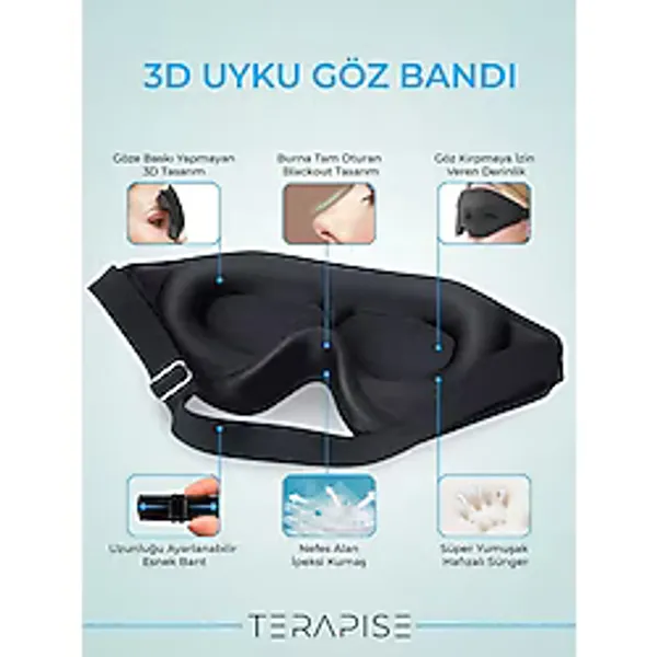 Terapise 3D Pro Uyku Göz Bandı Gözlüğü, Işığı %100 Engeller, Göze Baskı Yapmaz