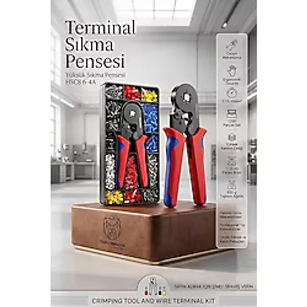 Terminal Sıkma Pensesi + Yüksük Sıkma Pensesi 1200 Parça Kablo Pabucu Seti Hsc8 6-4A 722484