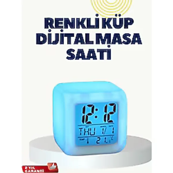 Termometre ve Takvim Özellikli 7 Renk Değiştiren Küp Alarm Saati