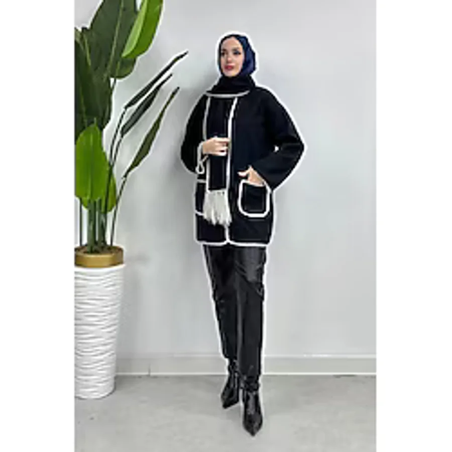 Tesettür Diyarı Atkılı Çoban Dikişli Kaşe Kaban- Siyah - 40 - 42