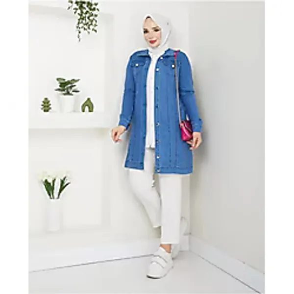 Tesettür Kadın Kot Ceket - Mavi - 50