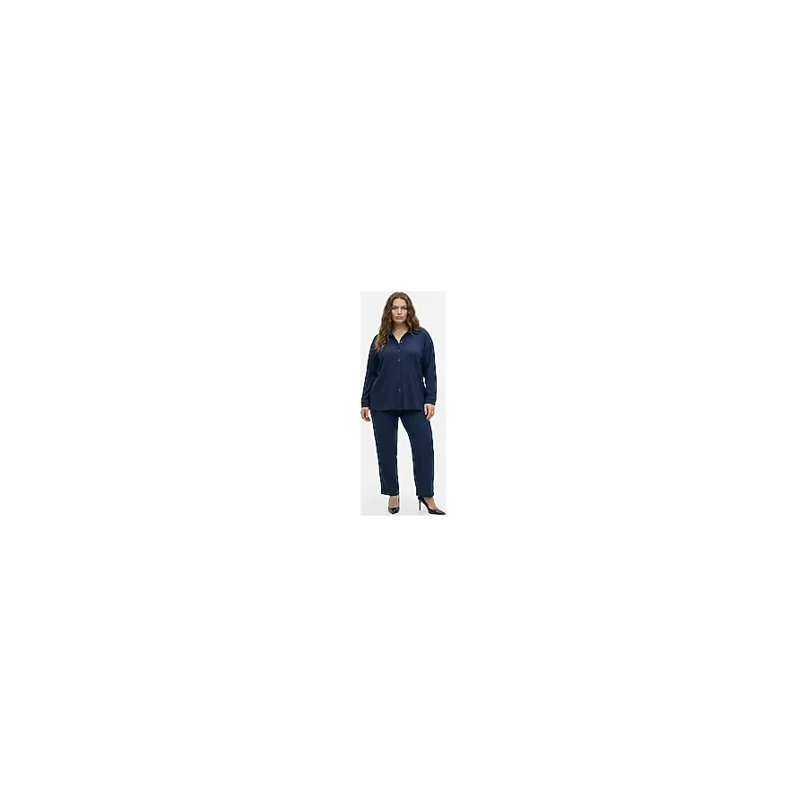 Tesettür Uyumlu Büyük Beden Gömlek Takım - Uzun Kollu Bürümcük Kumaş İkili Set-Lacivert-4XL