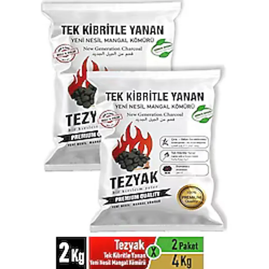 Tezyak 2 kg x 2 Paket Tek Kibritle Yanan Mangal Kömürü Kalite Koku Duman Yapmaz
