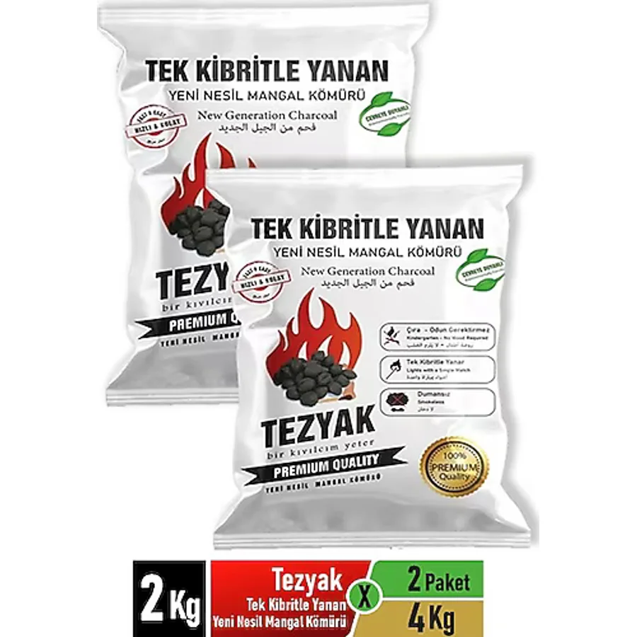 Tezyak 2 kg x 2 Paket Tek Kibritle Yanan Mangal Kömürü Kalite Koku Duman Yapmaz