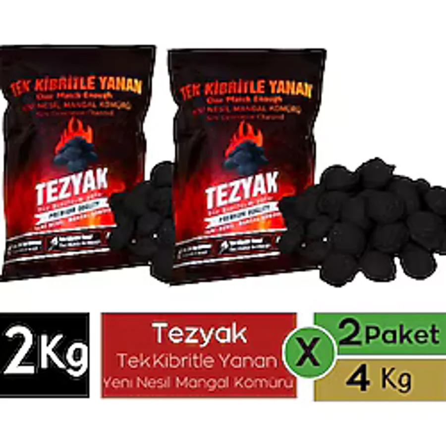 Tezyak Klasik Tek Kibritle Yanan Yeni Nesil Mangal Kömürü (2 Paket x 2 kg ) 4 kg - Siyah - 2 Adet